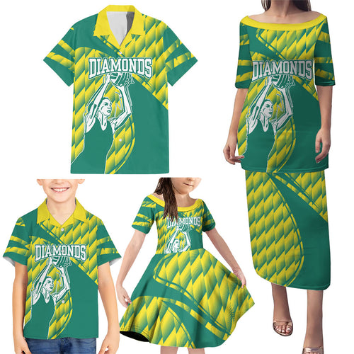 Australian Diamonds Netball Family Matching Puletasi and Hawaiian Shirt Bold Geometric Zigzag Pattern With Athletic Player Graphics