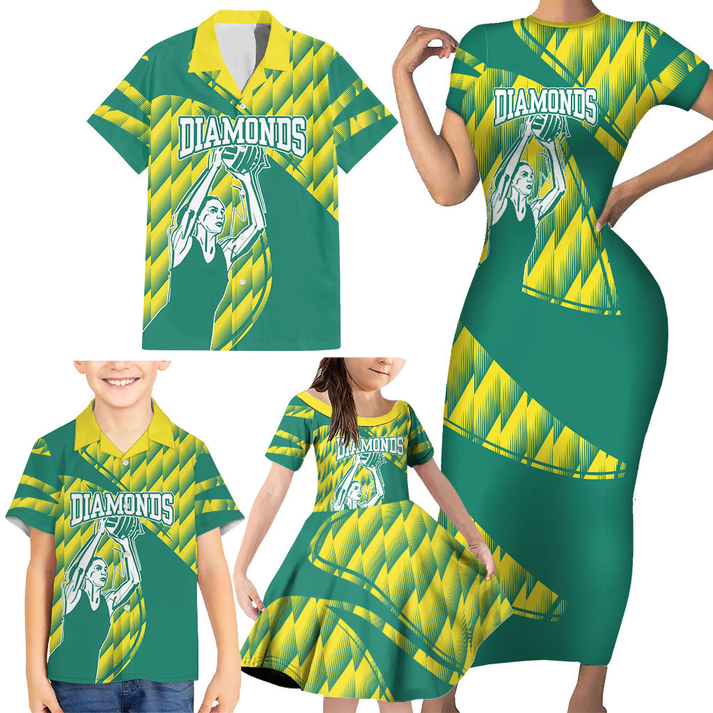 Australian Diamonds Netball Family Matching Short Sleeve Bodycon Dress and Hawaiian Shirt Bold Geometric Zigzag Pattern With Athletic Player Graphics