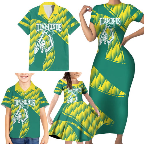 Australian Diamonds Netball Family Matching Short Sleeve Bodycon Dress and Hawaiian Shirt Bold Geometric Zigzag Pattern With Athletic Player Graphics