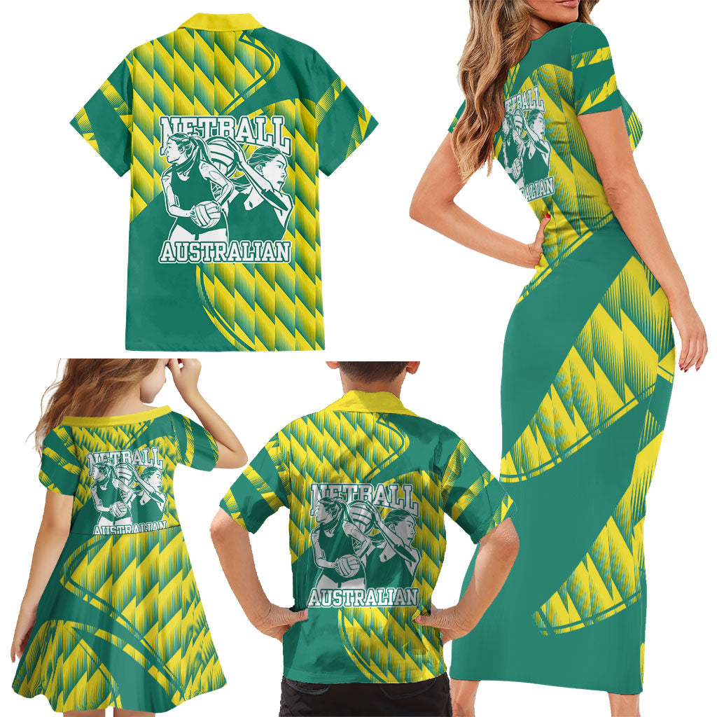 Australian Diamonds Netball Family Matching Short Sleeve Bodycon Dress and Hawaiian Shirt Bold Geometric Zigzag Pattern With Athletic Player Graphics