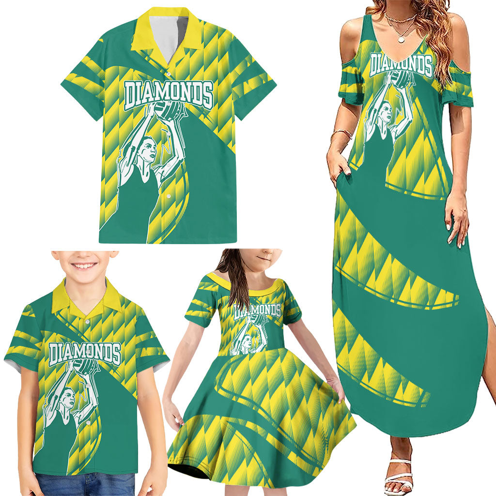 Australian Diamonds Netball Family Matching Summer Maxi Dress and Hawaiian Shirt Bold Geometric Zigzag Pattern With Athletic Player Graphics