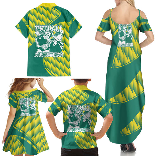 Australian Diamonds Netball Family Matching Summer Maxi Dress and Hawaiian Shirt Bold Geometric Zigzag Pattern With Athletic Player Graphics