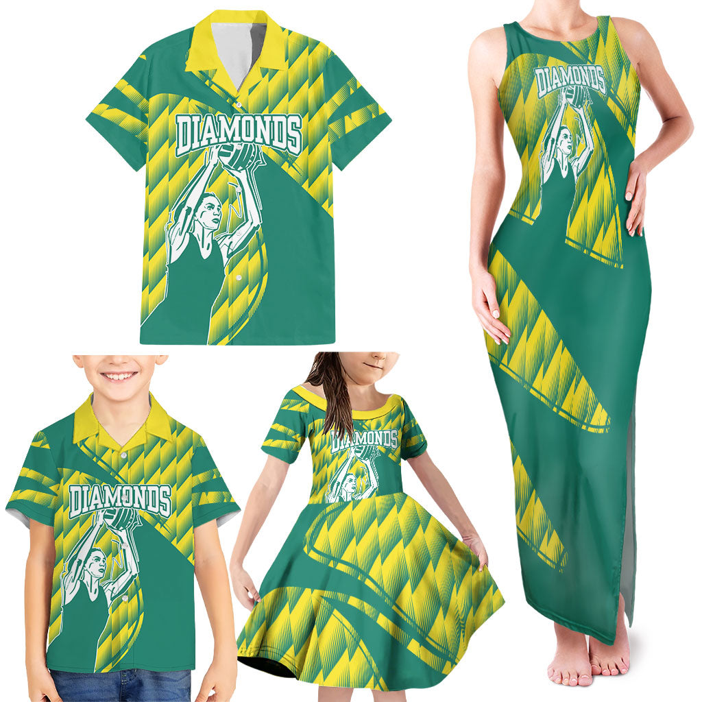 Australian Diamonds Netball Family Matching Tank Maxi Dress and Hawaiian Shirt Bold Geometric Zigzag Pattern With Athletic Player Graphics