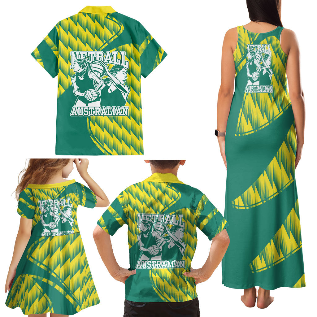 Australian Diamonds Netball Family Matching Tank Maxi Dress and Hawaiian Shirt Bold Geometric Zigzag Pattern With Athletic Player Graphics