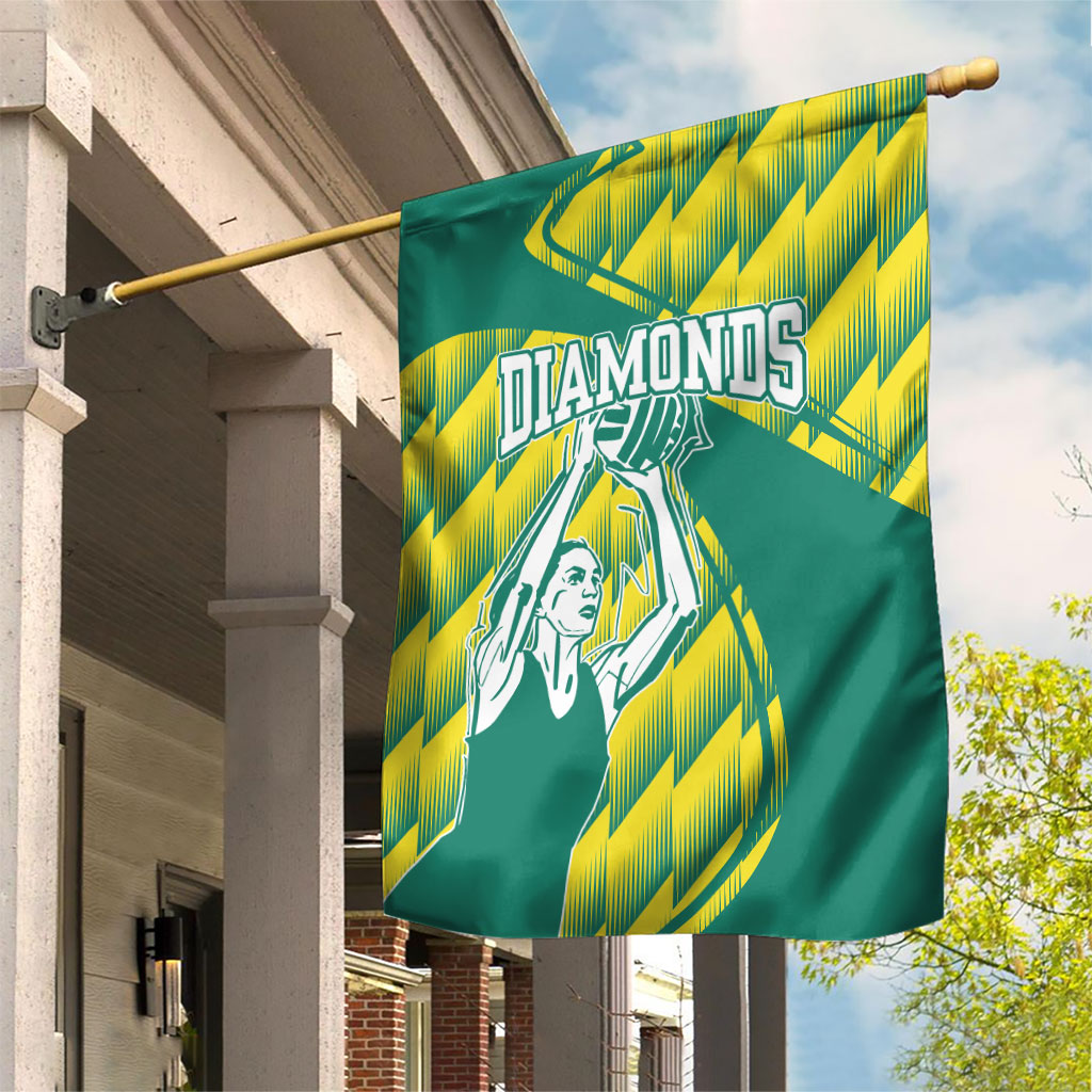 Australian Diamonds Netball Garden Flag Bold Geometric Zigzag Pattern With Athletic Player Graphics