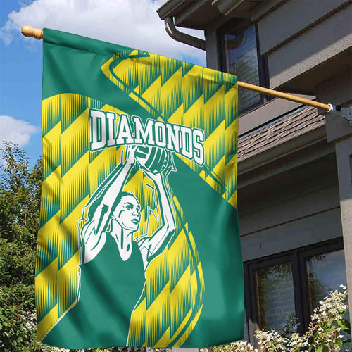 Australian Diamonds Netball Garden Flag Bold Geometric Zigzag Pattern With Athletic Player Graphics