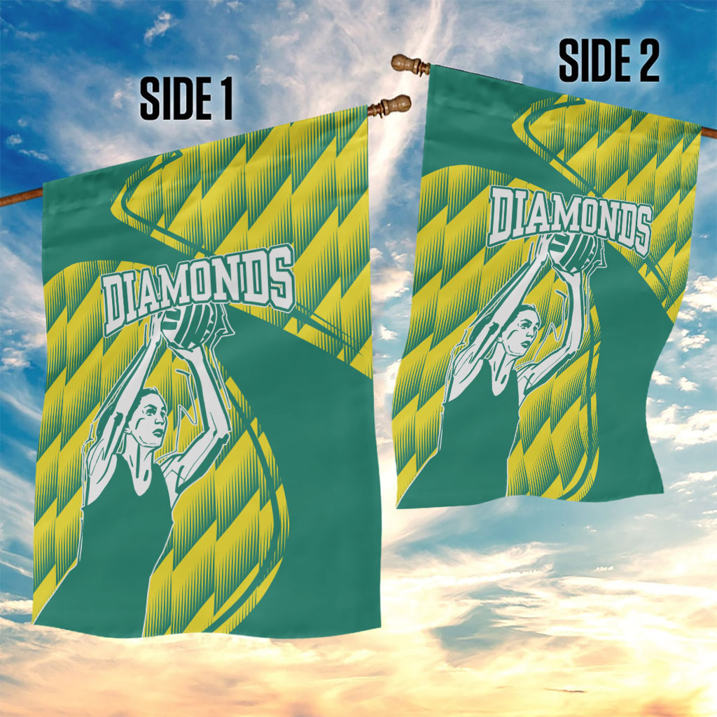 Australian Diamonds Netball Garden Flag Bold Geometric Zigzag Pattern With Athletic Player Graphics