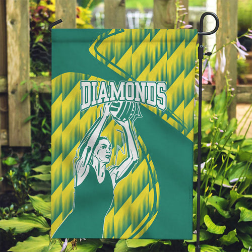 Australian Diamonds Netball Garden Flag Bold Geometric Zigzag Pattern With Athletic Player Graphics
