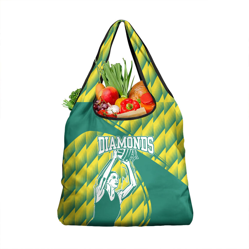 Australian Diamonds Netball Grocery Bag Bold Geometric Zigzag Pattern With Athletic Player Graphics
