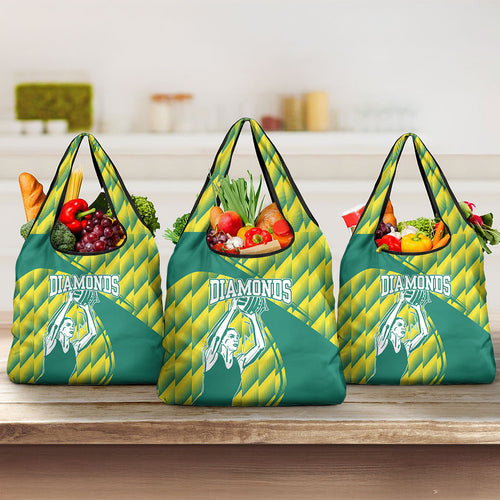 Australian Diamonds Netball Grocery Bag Bold Geometric Zigzag Pattern With Athletic Player Graphics