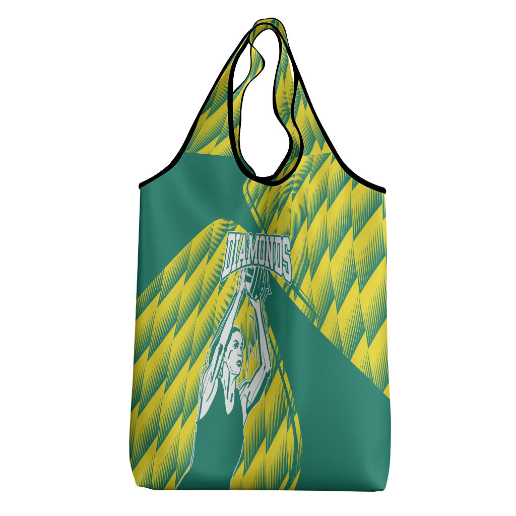 Australian Diamonds Netball Grocery Bag Bold Geometric Zigzag Pattern With Athletic Player Graphics