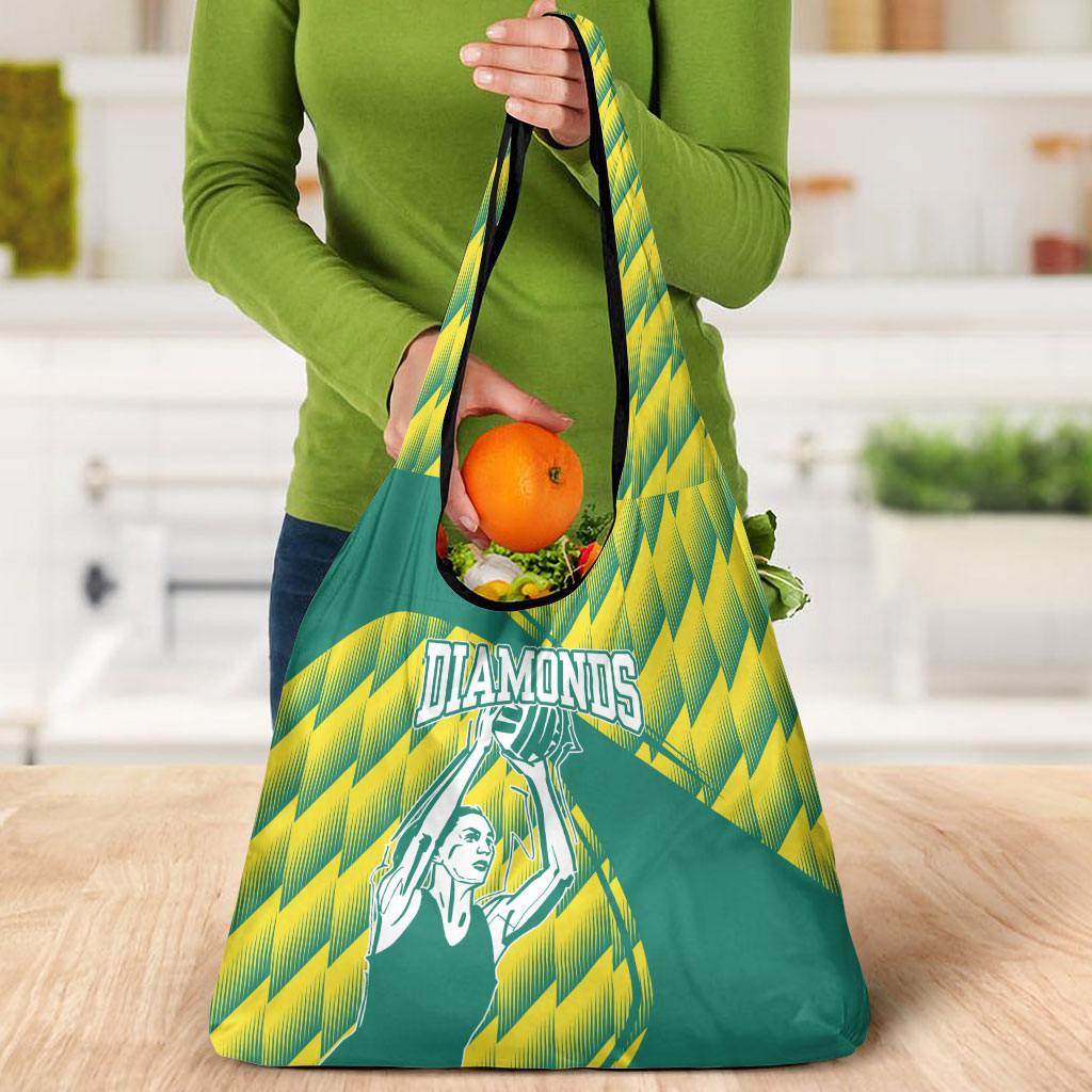 Australian Diamonds Netball Grocery Bag Bold Geometric Zigzag Pattern With Athletic Player Graphics