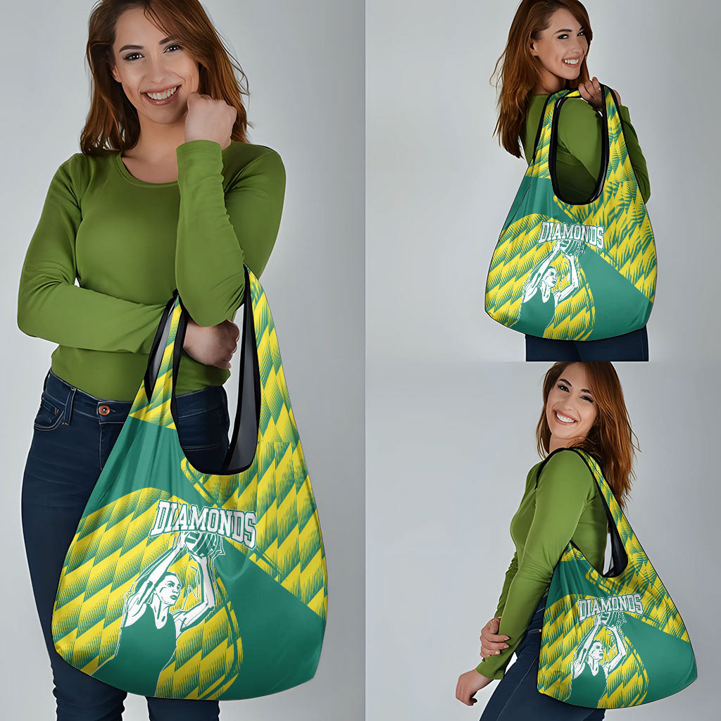 Australian Diamonds Netball Grocery Bag Bold Geometric Zigzag Pattern With Athletic Player Graphics