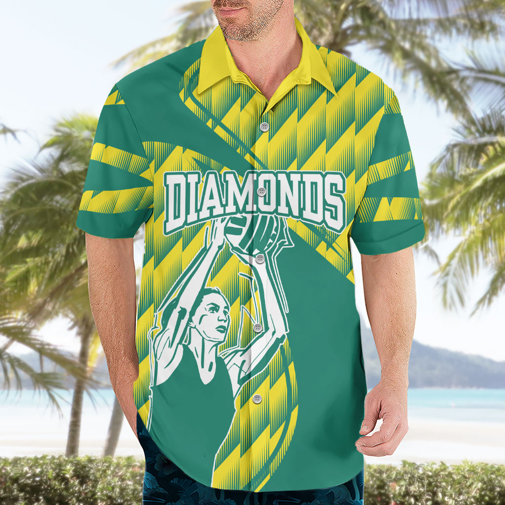 Australian Diamonds Netball Hawaiian Shirt Bold Geometric Zigzag Pattern With Athletic Player Graphics