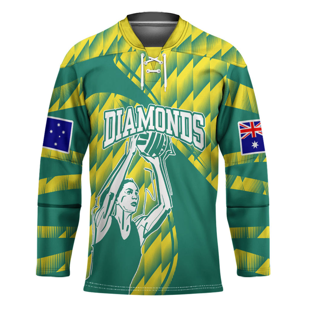 Australian Diamonds Netball Hockey Jersey Bold Geometric Zigzag Pattern With Athletic Player Graphics