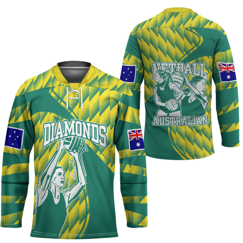 Australian Diamonds Netball Hockey Jersey Bold Geometric Zigzag Pattern With Athletic Player Graphics