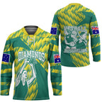 Australian Diamonds Netball Hockey Jersey Bold Geometric Zigzag Pattern With Athletic Player Graphics