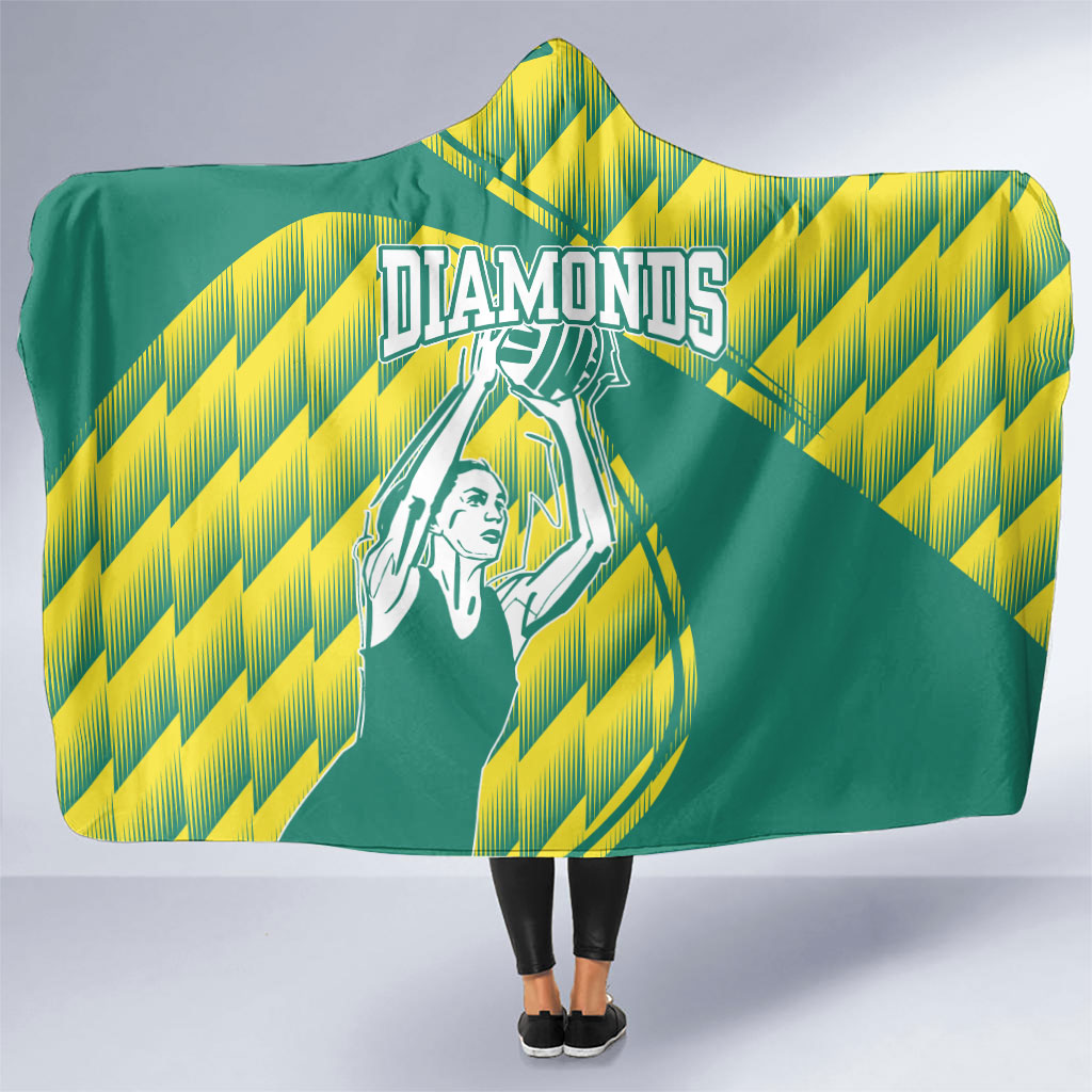 Australian Diamonds Netball Hooded Blanket Bold Geometric Zigzag Pattern With Athletic Player Graphics