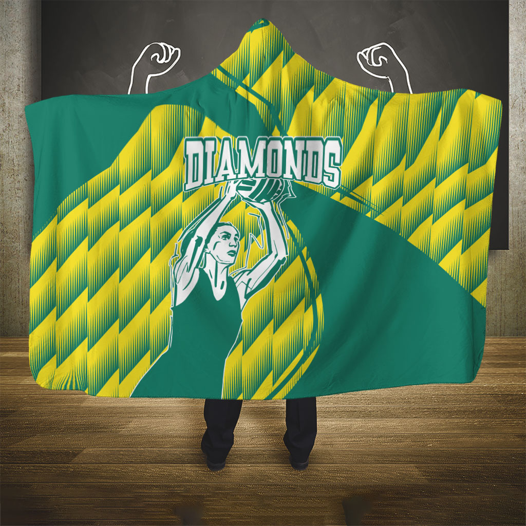 Australian Diamonds Netball Hooded Blanket Bold Geometric Zigzag Pattern With Athletic Player Graphics