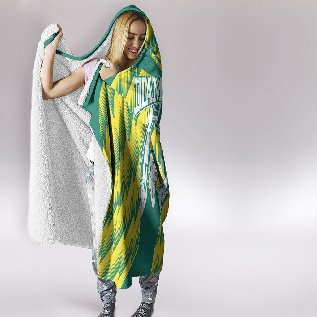 Australian Diamonds Netball Hooded Blanket Bold Geometric Zigzag Pattern With Athletic Player Graphics