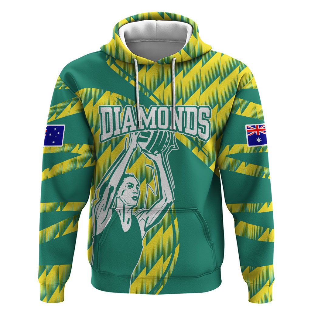 Australian Diamonds Netball Hoodie Bold Geometric Zigzag Pattern With Athletic Player Graphics