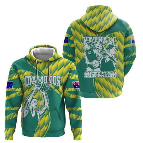 Australian Diamonds Netball Hoodie Bold Geometric Zigzag Pattern With Athletic Player Graphics