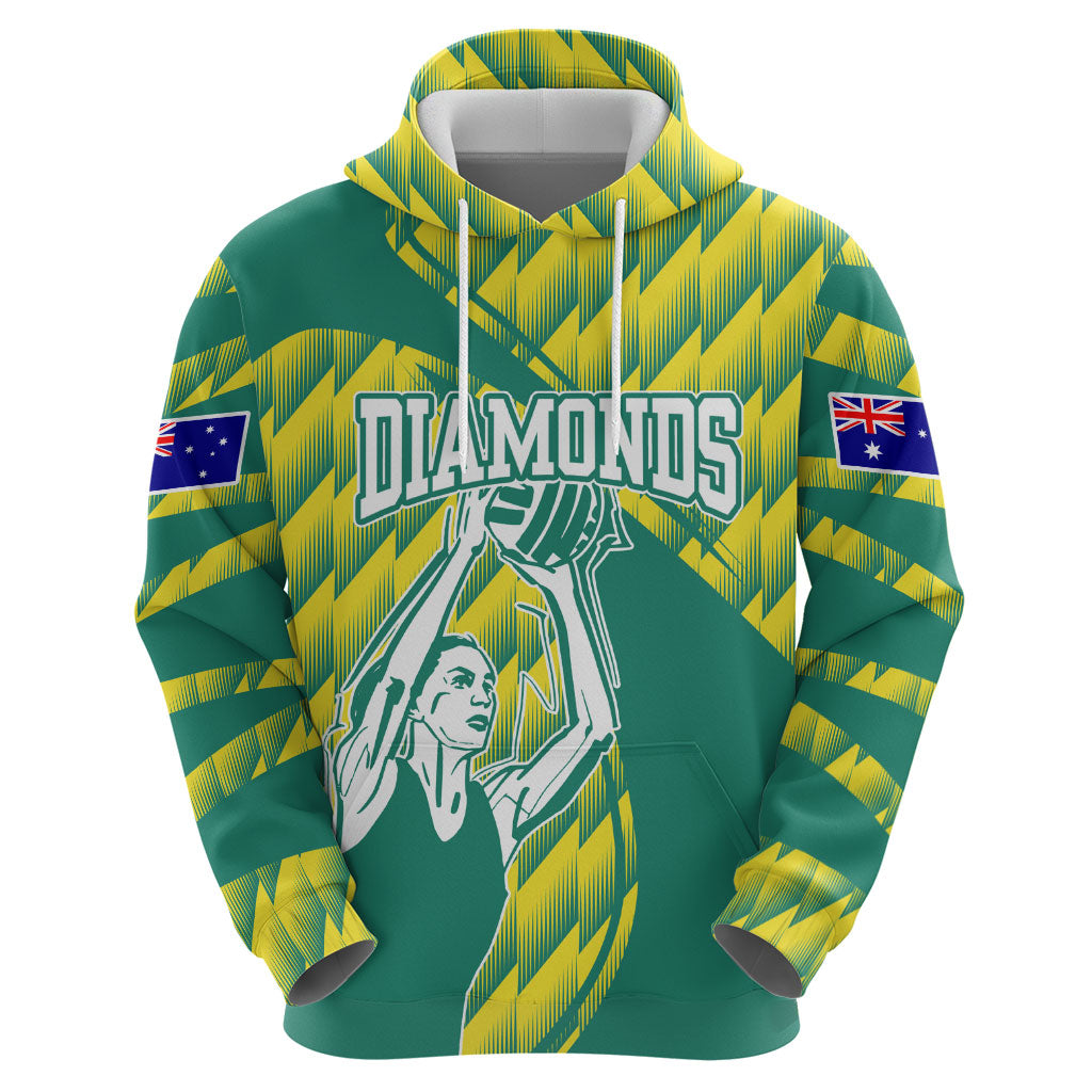 Australian Diamonds Netball Hoodie Bold Geometric Zigzag Pattern With Athletic Player Graphics