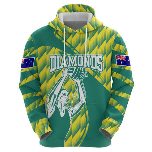 Australian Diamonds Netball Hoodie Bold Geometric Zigzag Pattern With Athletic Player Graphics