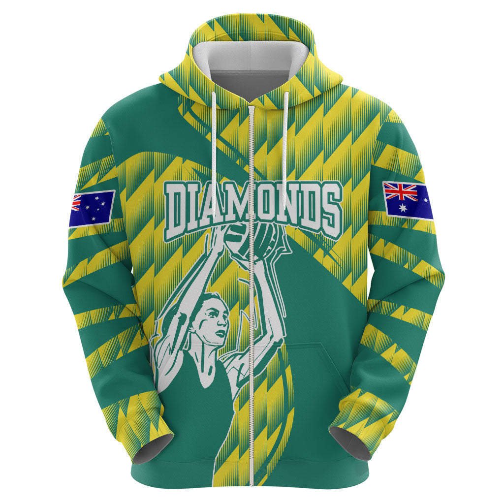 Australian Diamonds Netball Hoodie Bold Geometric Zigzag Pattern With Athletic Player Graphics