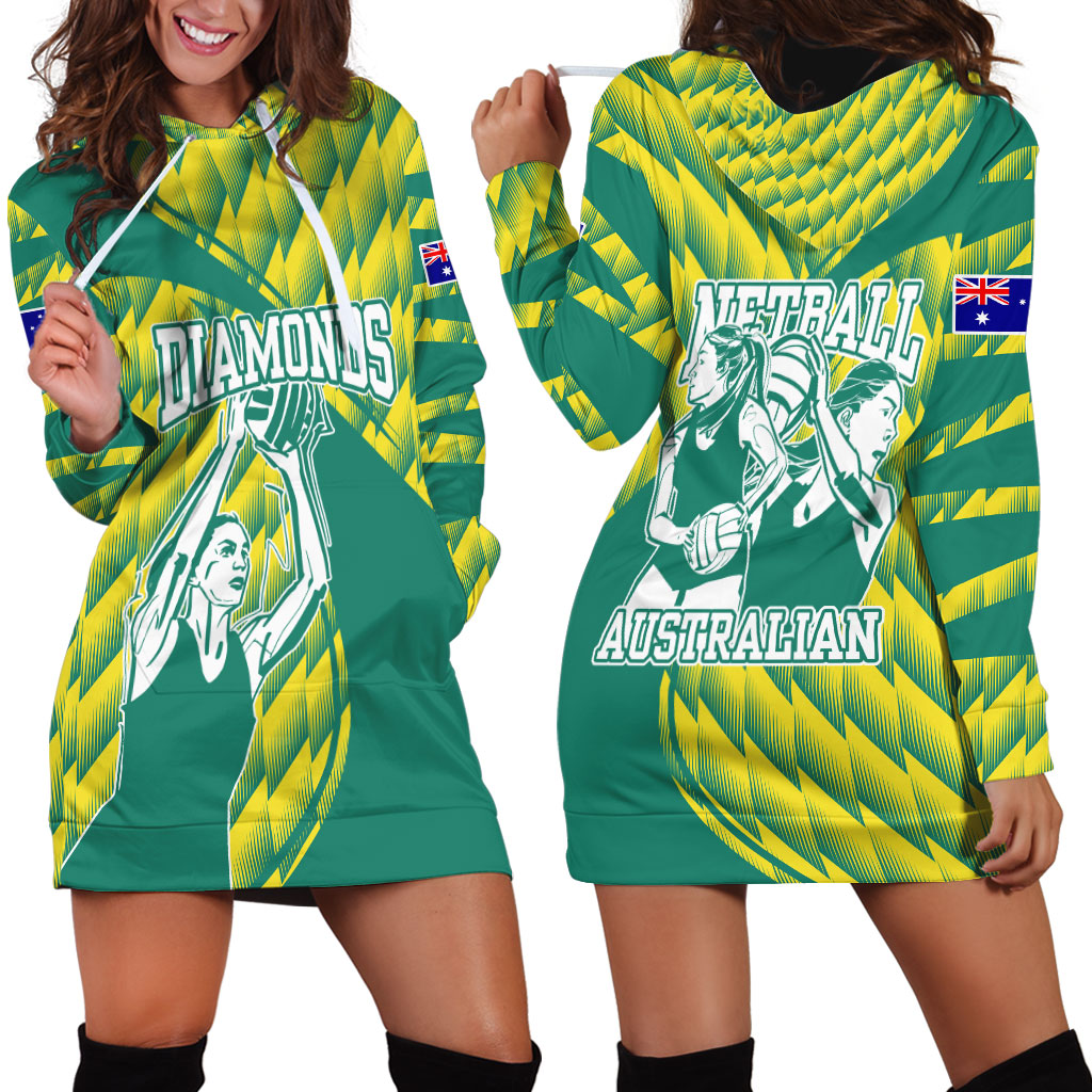 Australian Diamonds Netball Hoodie Dress Bold Geometric Zigzag Pattern With Athletic Player Graphics