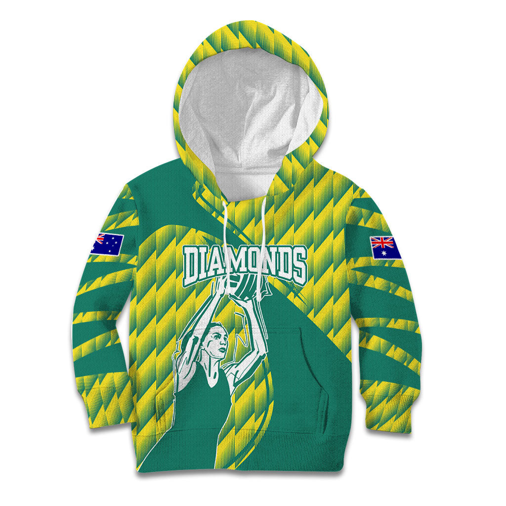 Australian Diamonds Netball Kid Hoodie Bold Geometric Zigzag Pattern With Athletic Player Graphics