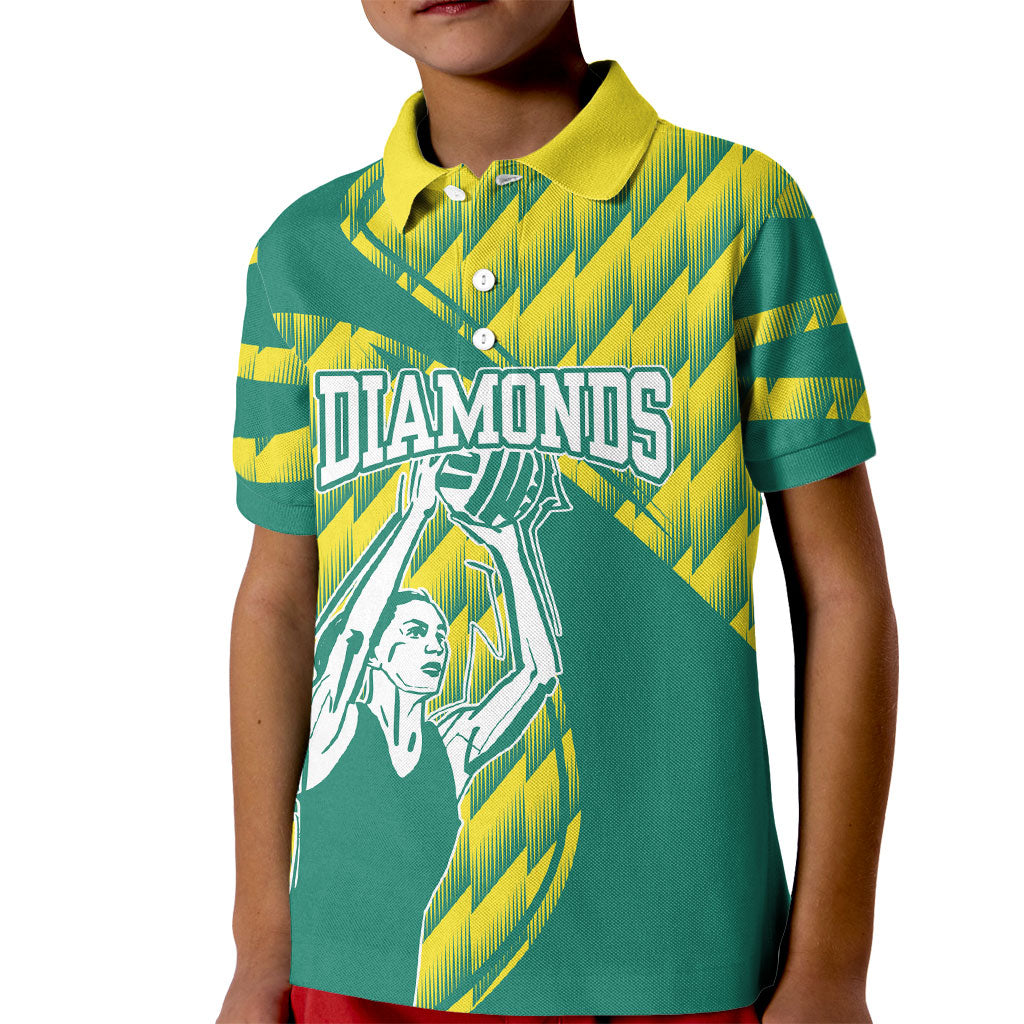 Australian Diamonds Netball Kid Polo Shirt Bold Geometric Zigzag Pattern With Athletic Player Graphics