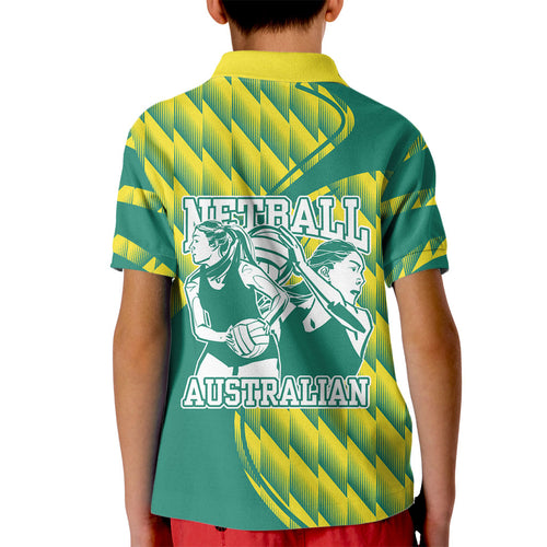 Australian Diamonds Netball Kid Polo Shirt Bold Geometric Zigzag Pattern With Athletic Player Graphics