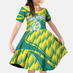 Australian Diamonds Netball Kid Short Sleeve Dress Bold Geometric Zigzag Pattern With Athletic Player Graphics