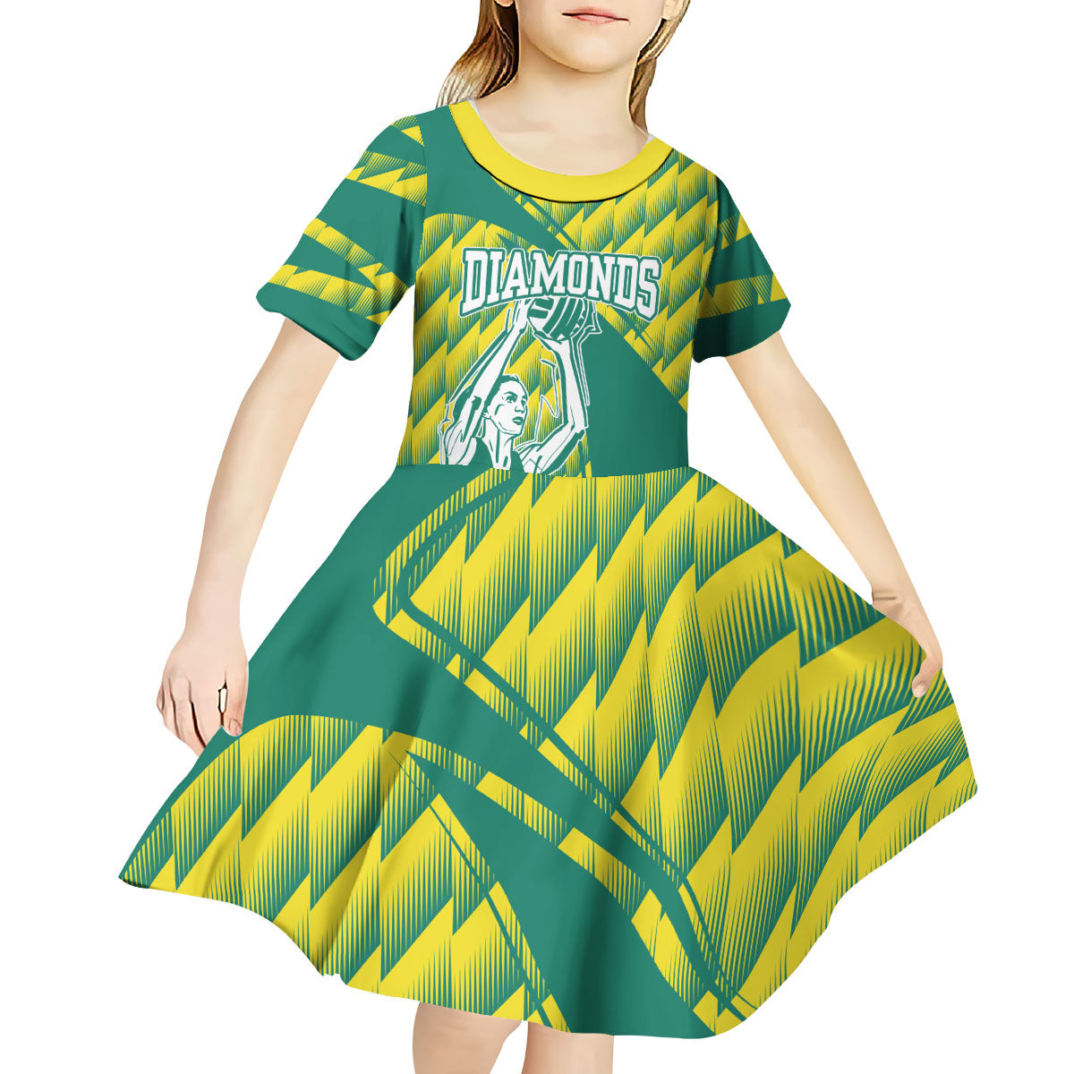 Australian Diamonds Netball Kid Short Sleeve Dress Bold Geometric Zigzag Pattern With Athletic Player Graphics