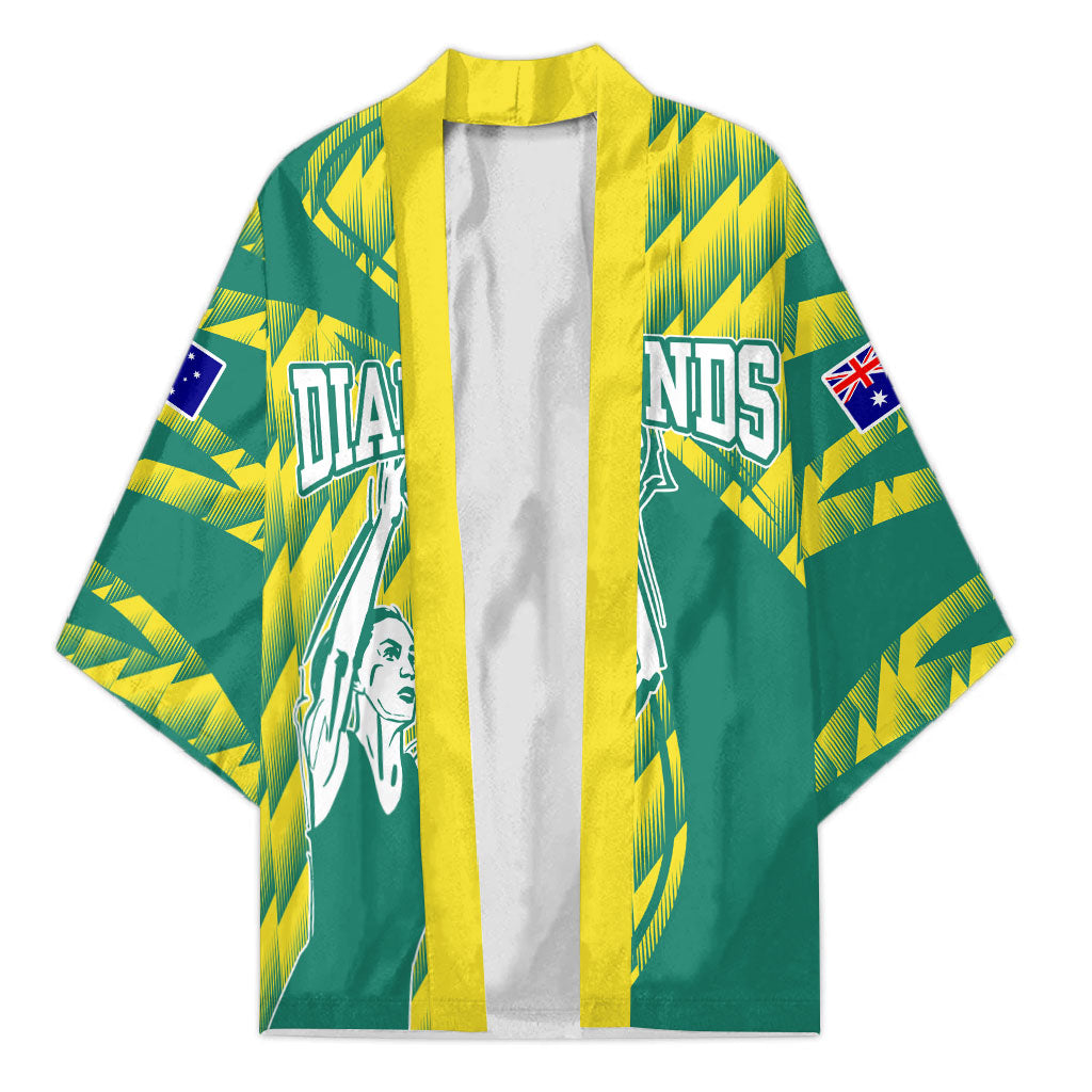 Australian Diamonds Netball Kimono Bold Geometric Zigzag Pattern With Athletic Player Graphics