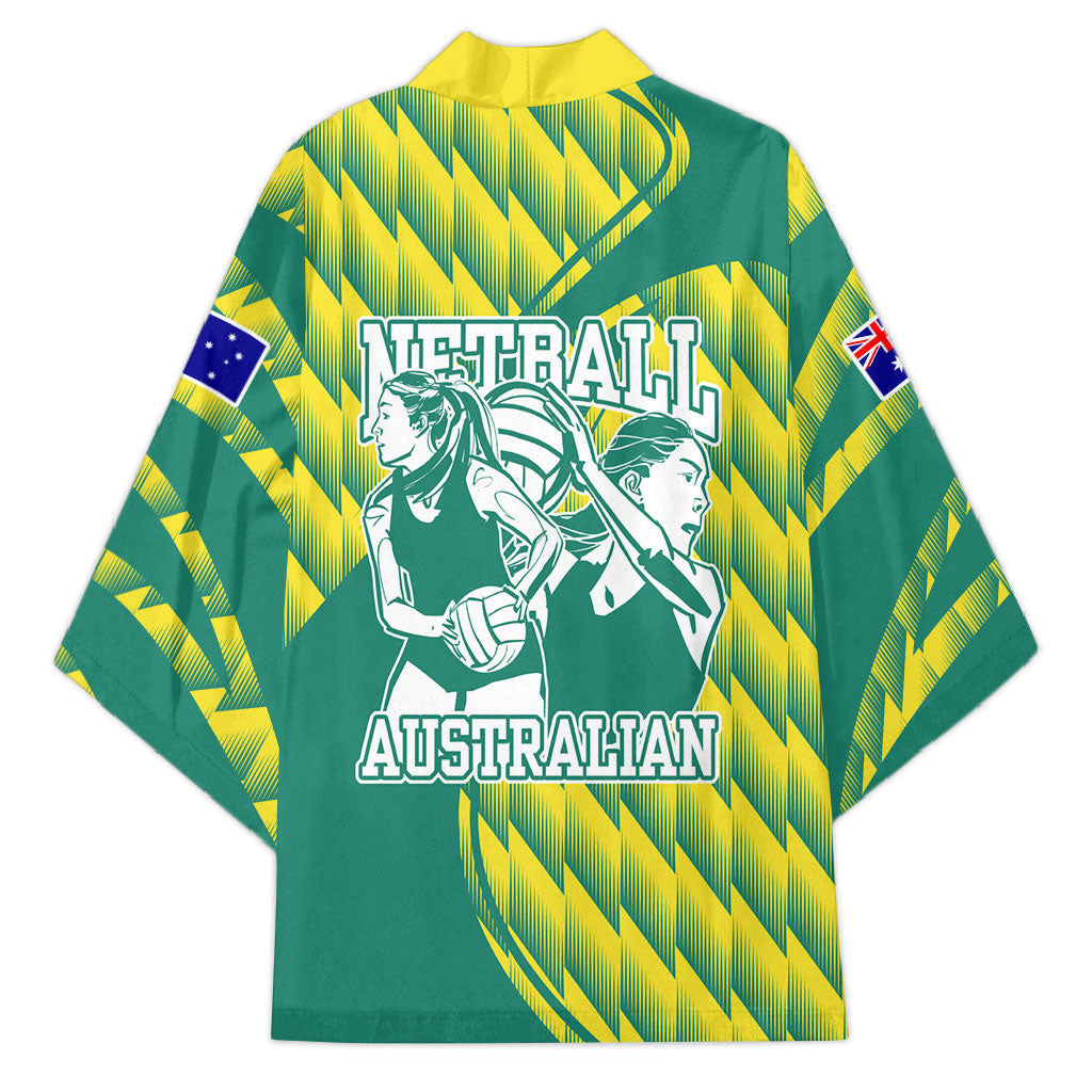 Australian Diamonds Netball Kimono Bold Geometric Zigzag Pattern With Athletic Player Graphics