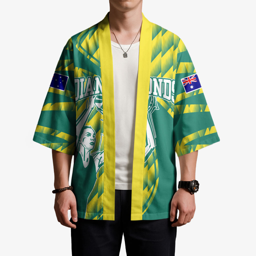Australian Diamonds Netball Kimono Bold Geometric Zigzag Pattern With Athletic Player Graphics