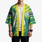Australian Diamonds Netball Kimono Bold Geometric Zigzag Pattern With Athletic Player Graphics