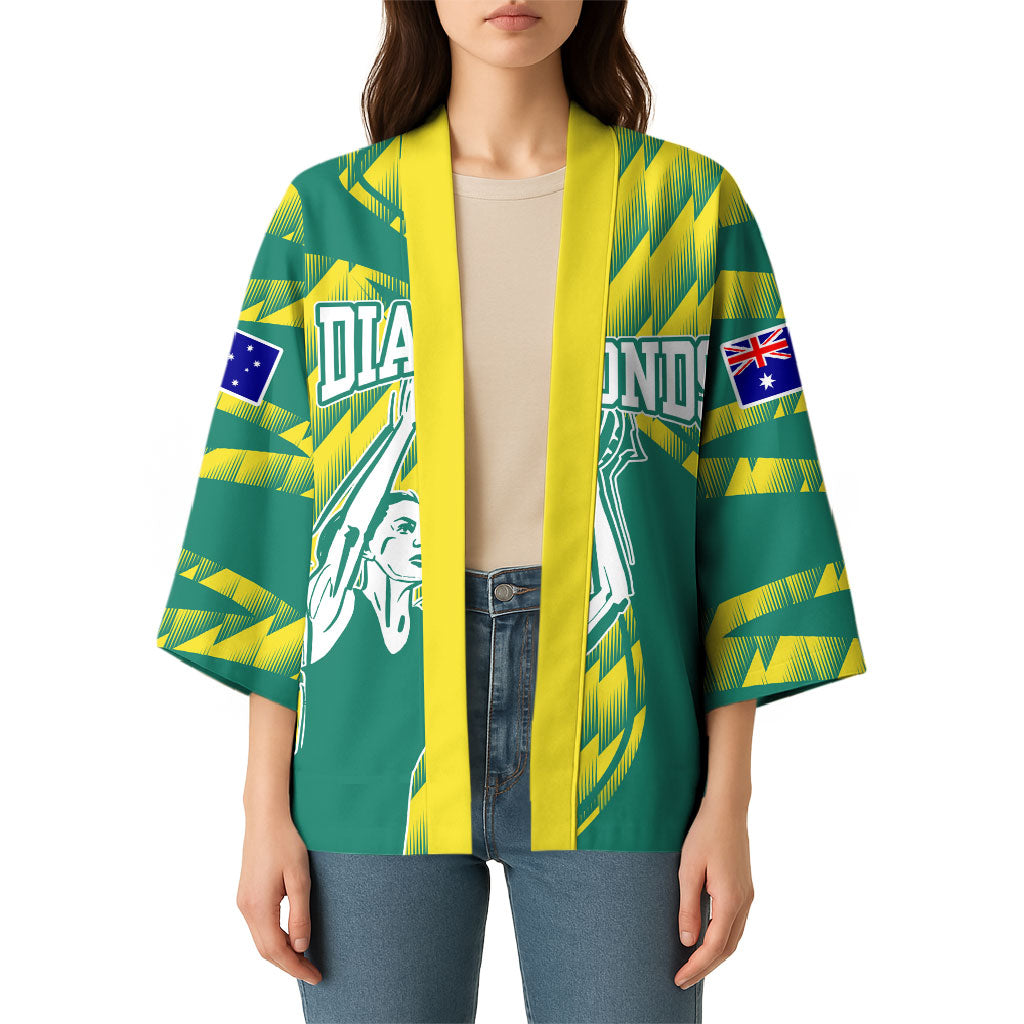Australian Diamonds Netball Kimono Bold Geometric Zigzag Pattern With Athletic Player Graphics