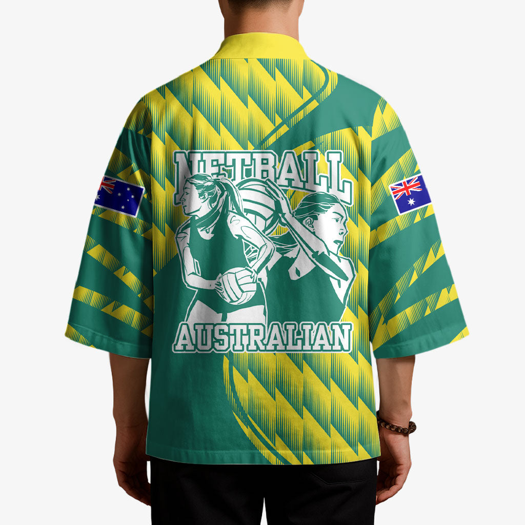 Australian Diamonds Netball Kimono Bold Geometric Zigzag Pattern With Athletic Player Graphics