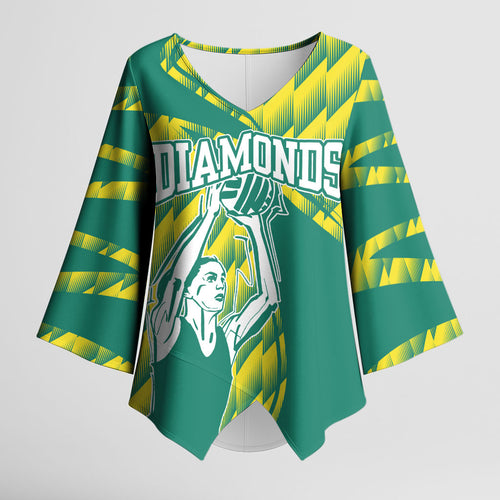 Australian Diamonds Netball Kimono Sleeve Blouse Bold Geometric Zigzag Pattern With Athletic Player Graphics