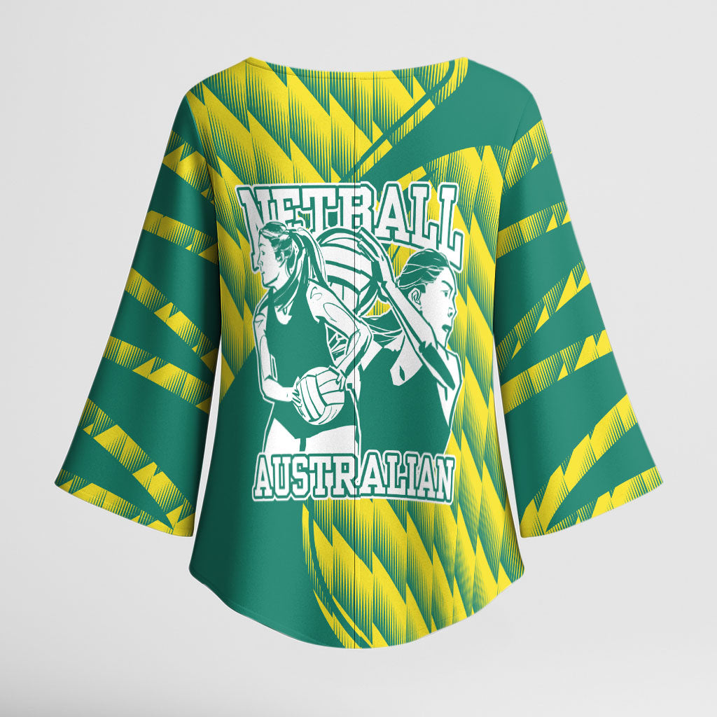 Australian Diamonds Netball Kimono Sleeve Blouse Bold Geometric Zigzag Pattern With Athletic Player Graphics