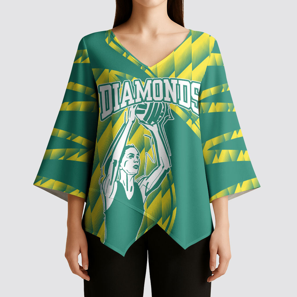 Australian Diamonds Netball Kimono Sleeve Blouse Bold Geometric Zigzag Pattern With Athletic Player Graphics