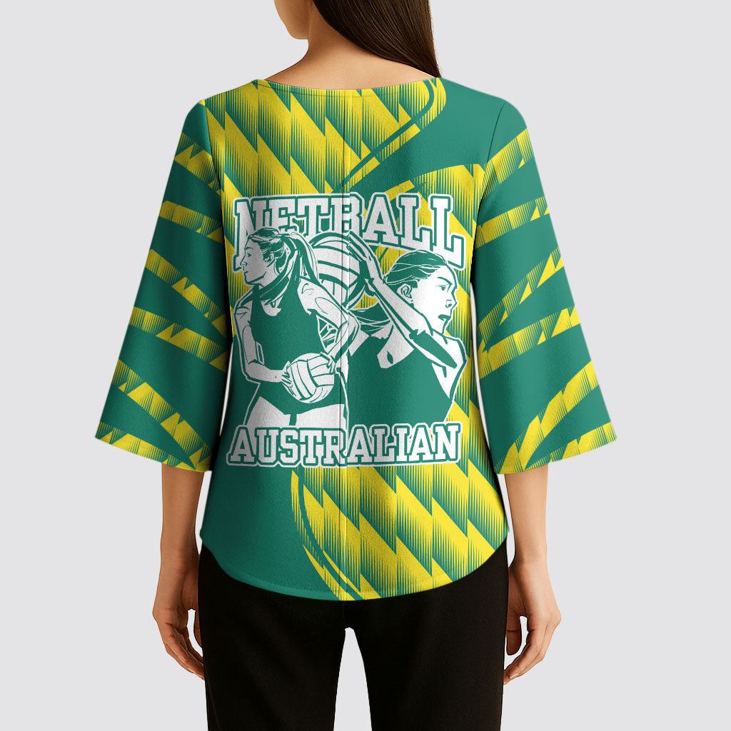 Australian Diamonds Netball Kimono Sleeve Blouse Bold Geometric Zigzag Pattern With Athletic Player Graphics