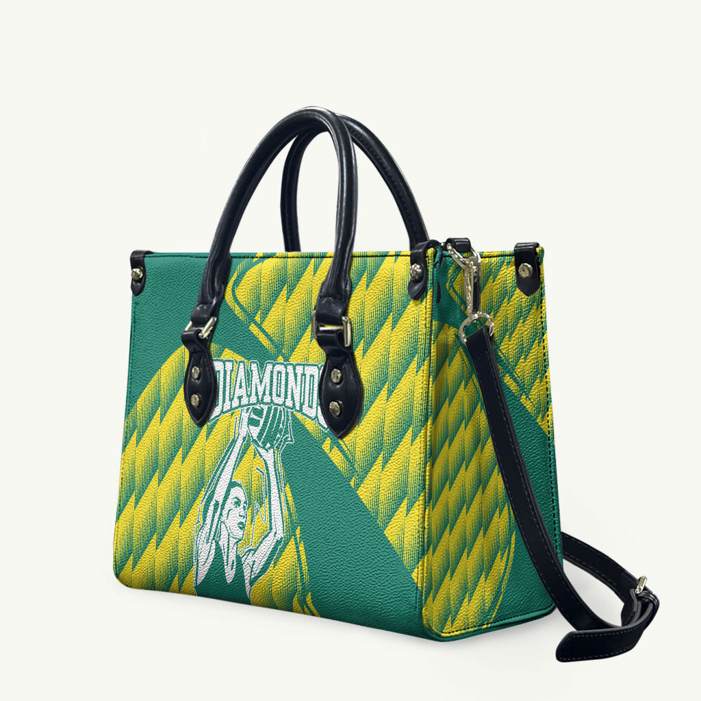Australian Diamonds Netball Leather Bag Bold Geometric Zigzag Pattern With Athletic Player Graphics