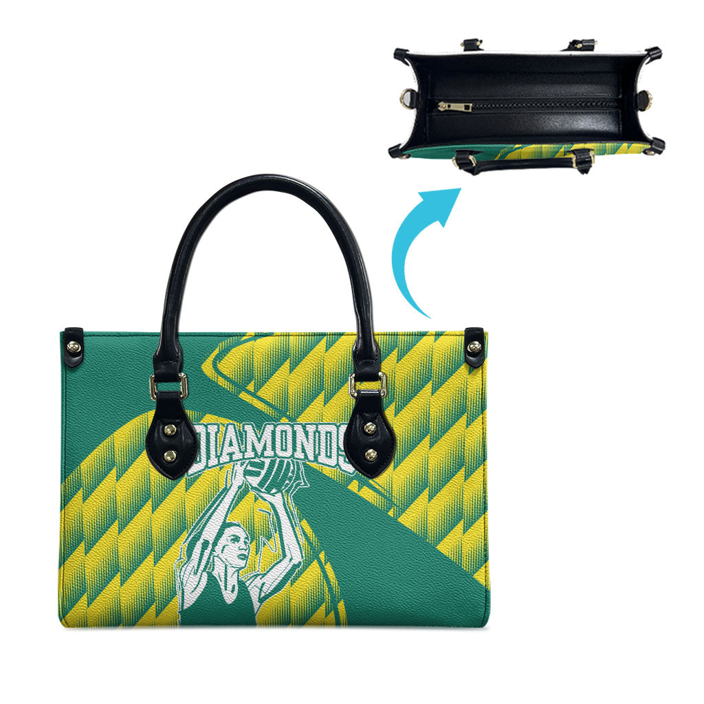 Australian Diamonds Netball Leather Bag Bold Geometric Zigzag Pattern With Athletic Player Graphics