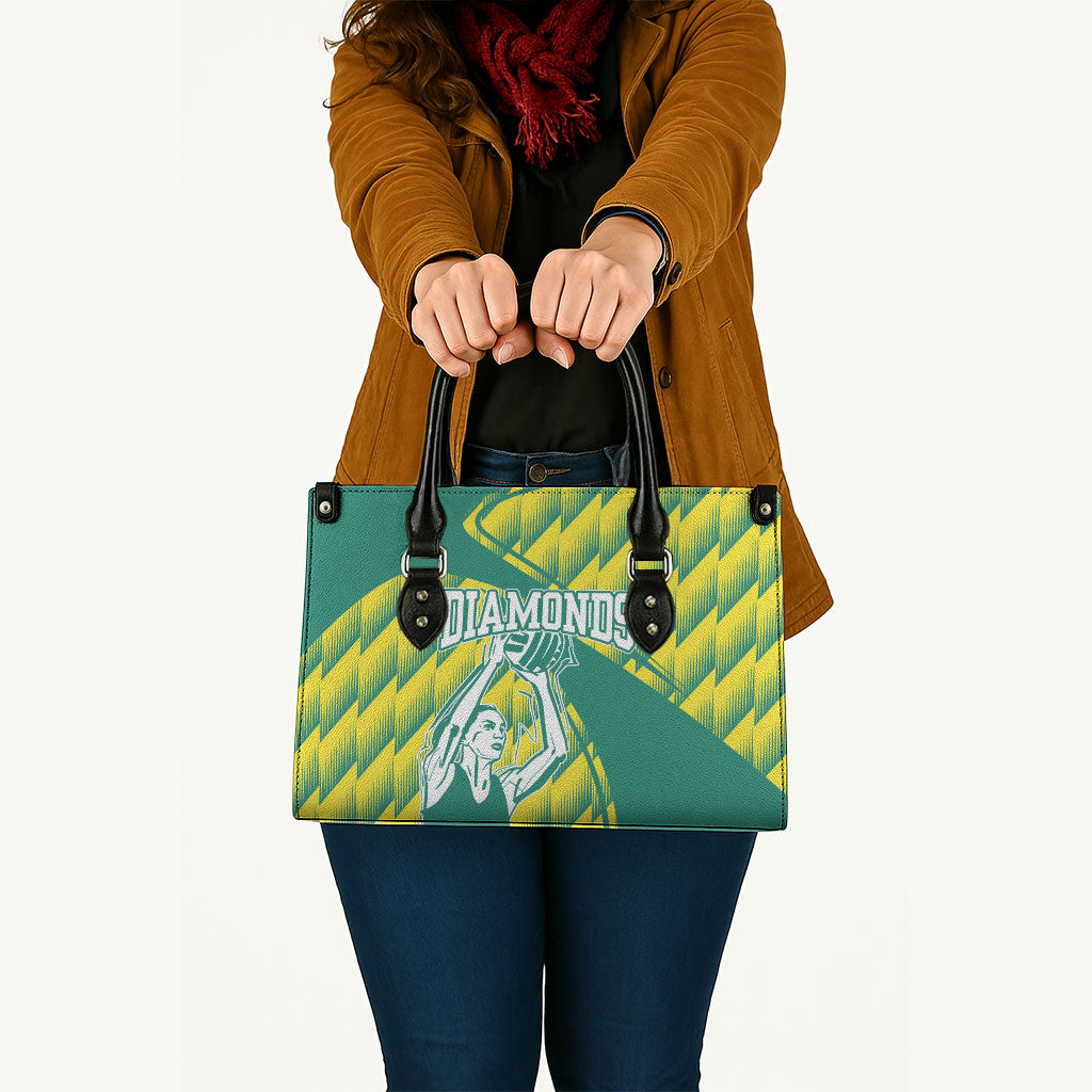 Australian Diamonds Netball Leather Bag Bold Geometric Zigzag Pattern With Athletic Player Graphics