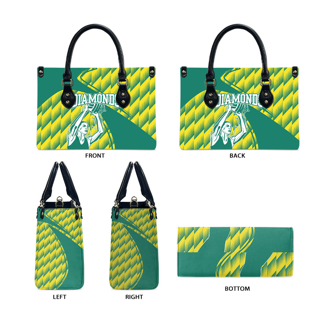 Australian Diamonds Netball Leather Bag Bold Geometric Zigzag Pattern With Athletic Player Graphics
