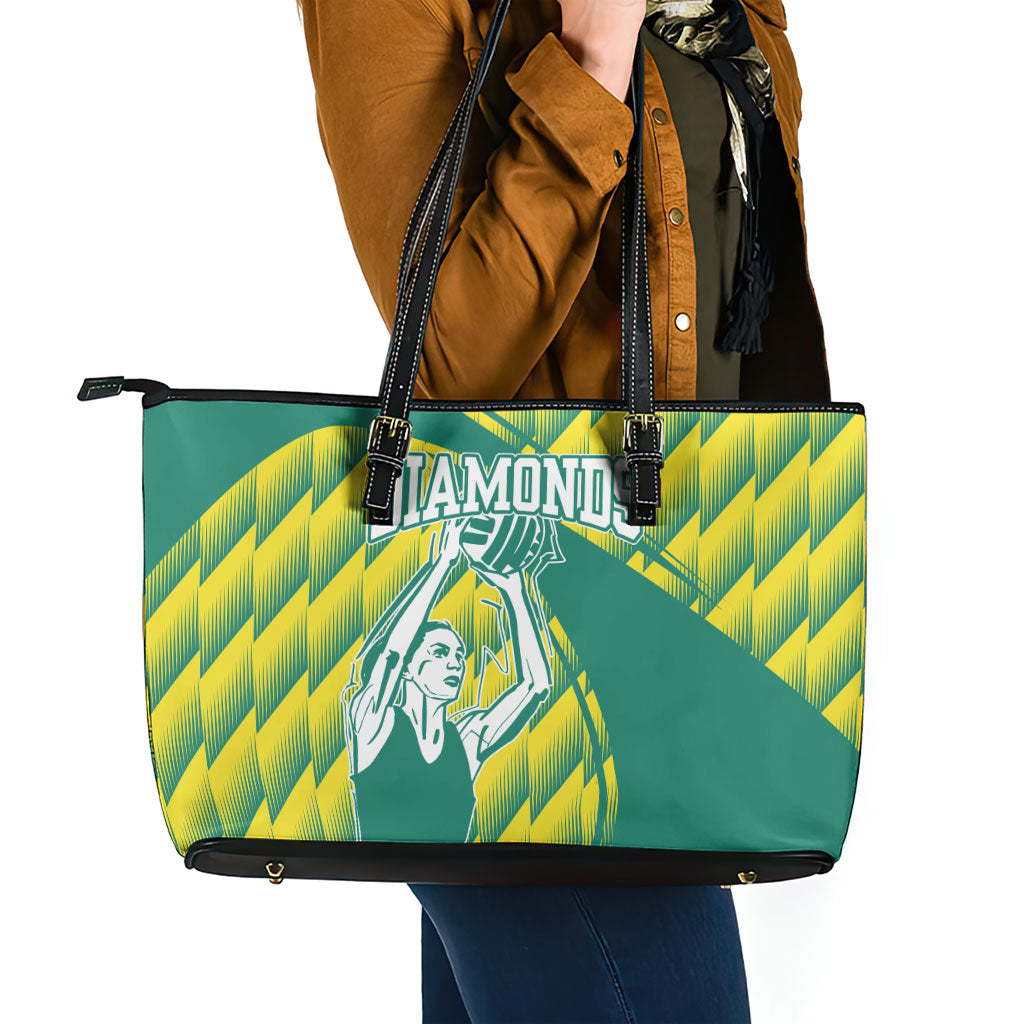 Australian Diamonds Netball Leather Tote Bag Bold Geometric Zigzag Pattern With Athletic Player Graphics